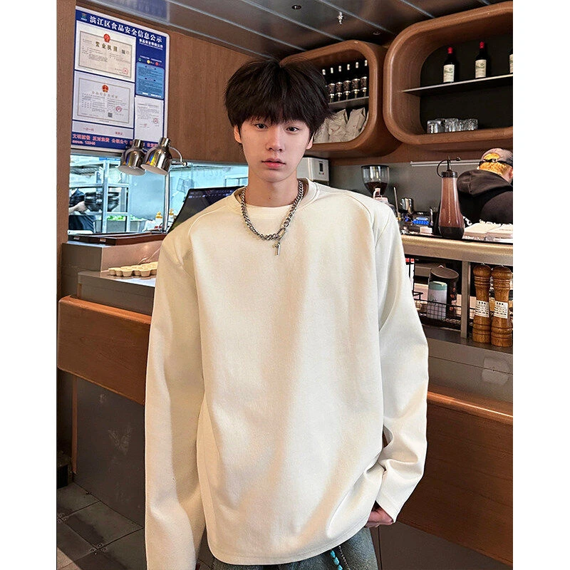 垫肩白色长袖T恤男士美式高街小领口卫衣男款春季特大码叠穿内搭