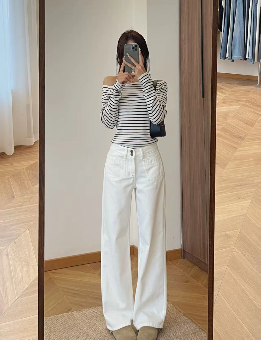 【高质量】白色阔腿牛仔裤女夏季新款高腰宽松薄款不透垂感直筒裤子