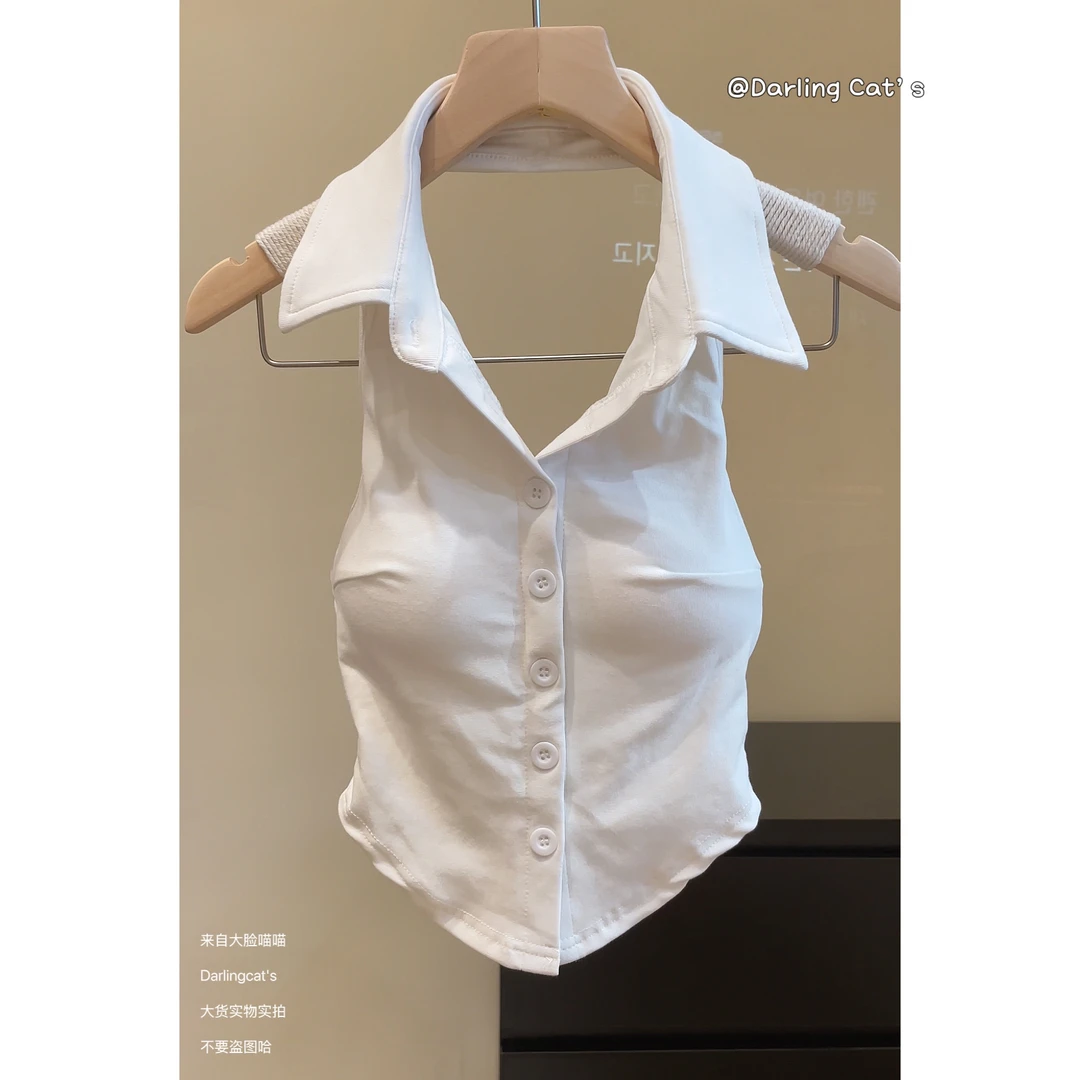 练习生 辣妹性感短款单排扣露肩内搭翻领polo背心女外穿