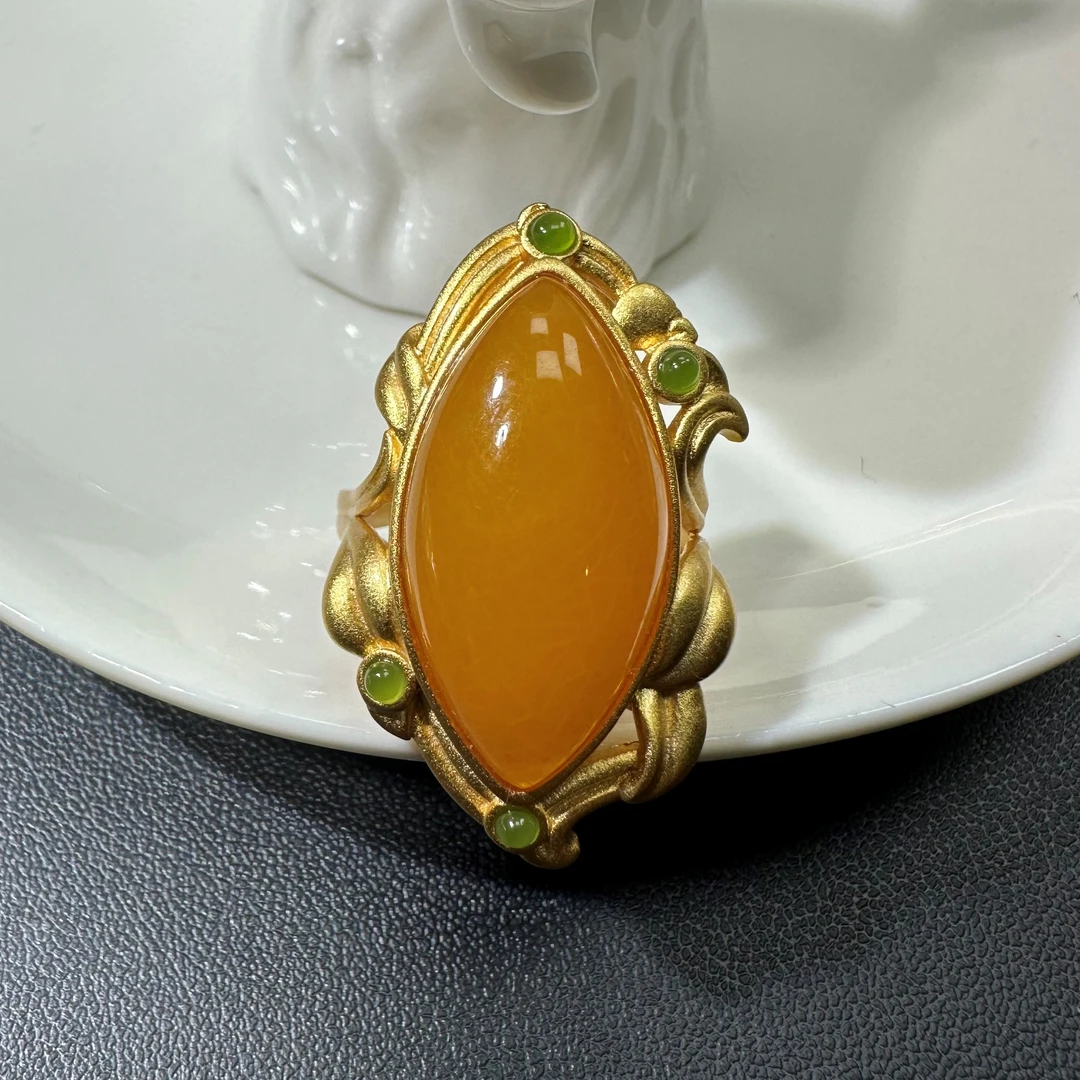 天然蜜蜡马眼戒指S925银镶嵌1939#复古黄色精美轻奢气质时尚