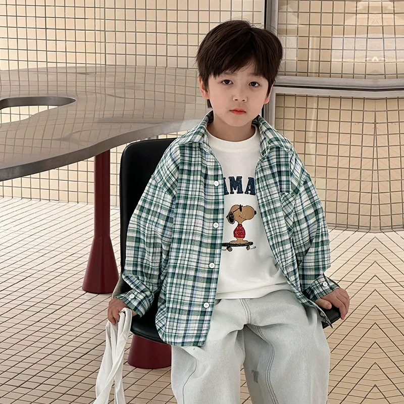 WC5003棉小班儿童衬衣男孩帅气春装上衣中大童宽松磨毛格子衬衫