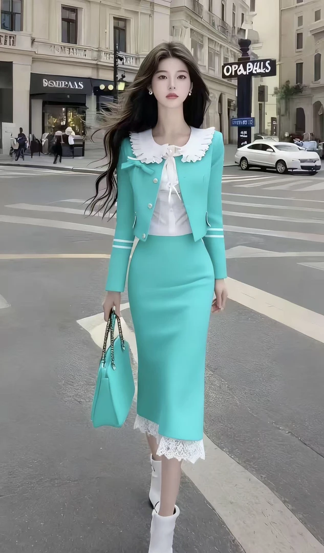 休闲风显瘦穿搭长袖短款外套百搭内搭包臀蕾丝边半裙湖蓝色三件套
