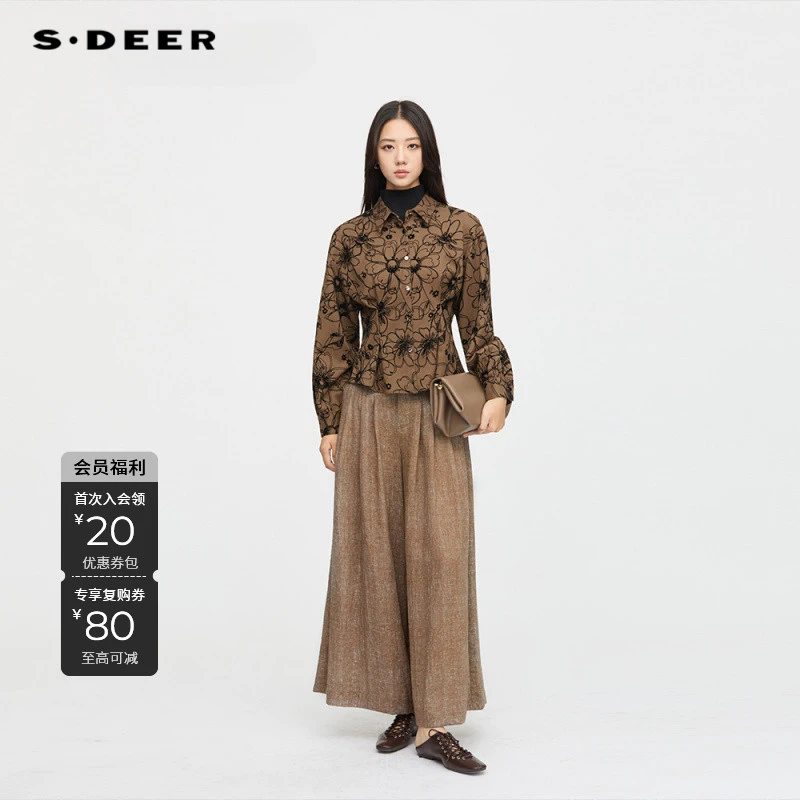 S·DEER圣迪奥碎花气质休闲衬衫时尚复古圆领长袖印花高级感女装