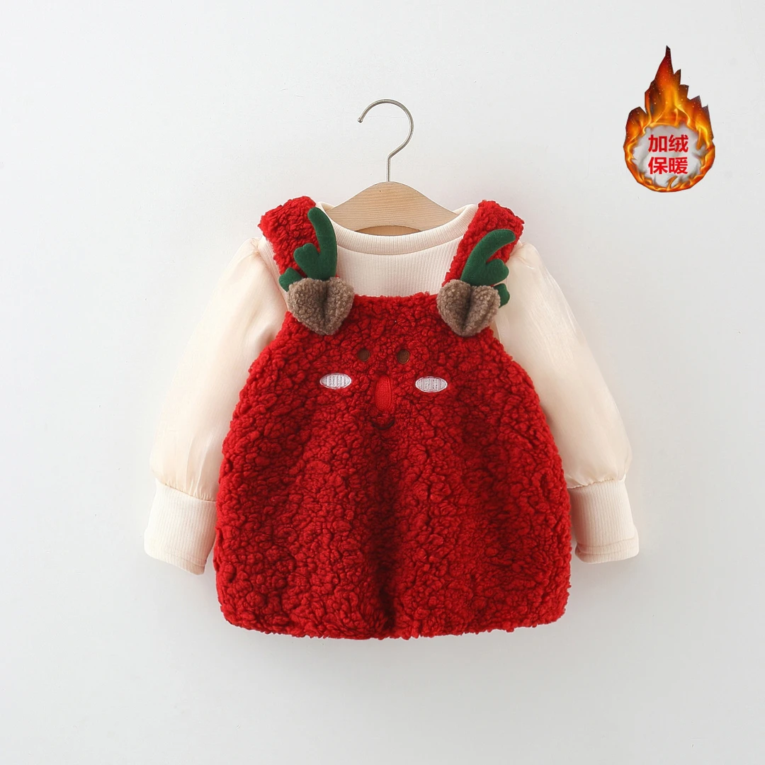 圣诞儿童服装圣诞节麋鹿套装女童礼服冬季加绒背带裙公主裙婴儿裙