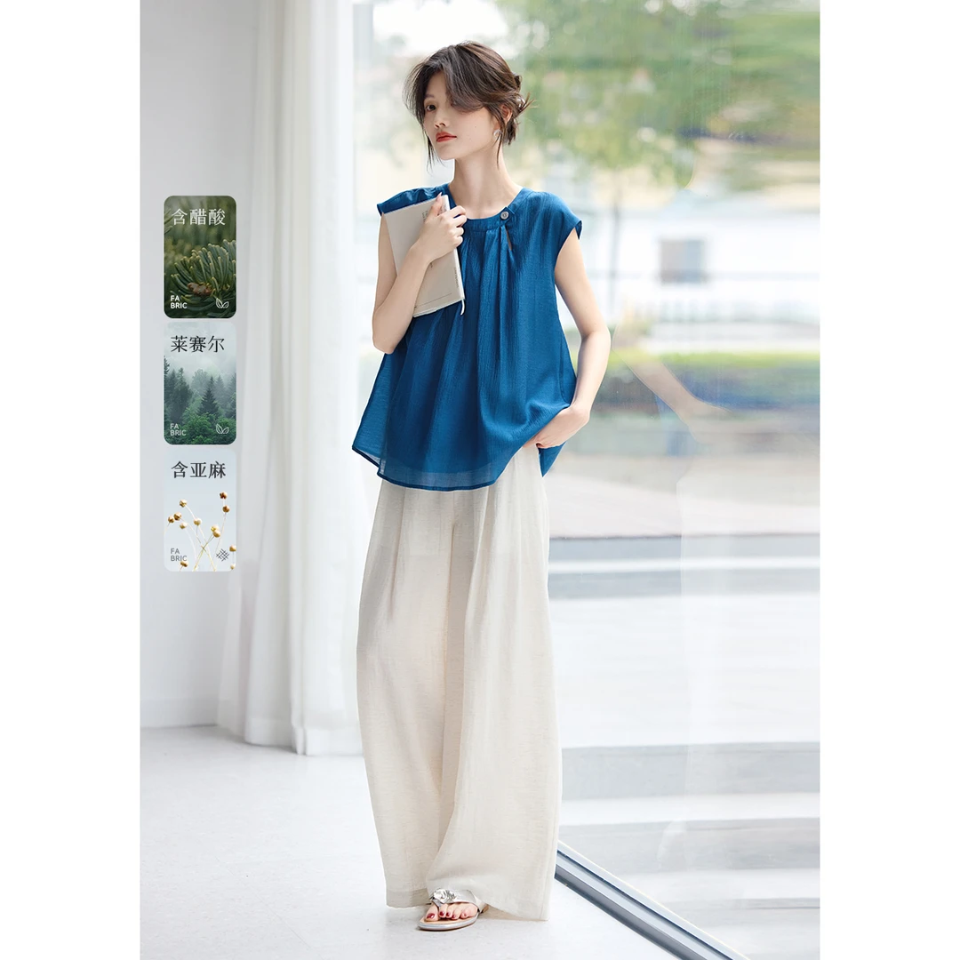 时尚衬衫阔腿裤两件套2025夏季简约休闲度假显瘦套装