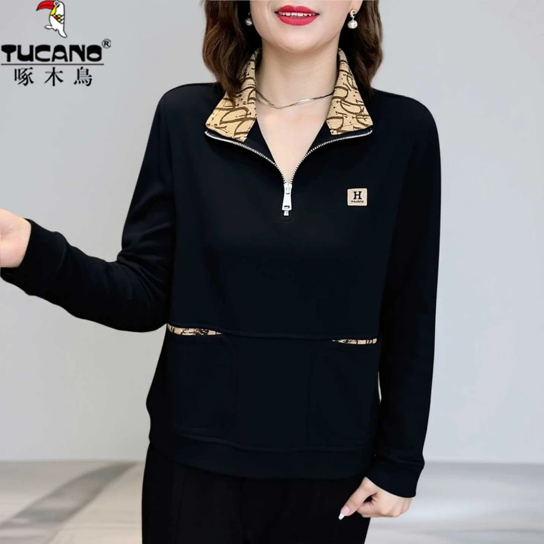 啄木鸟春秋新款纯棉长袖T恤女中年妈妈翻领卫衣宽松遮肉打底衫