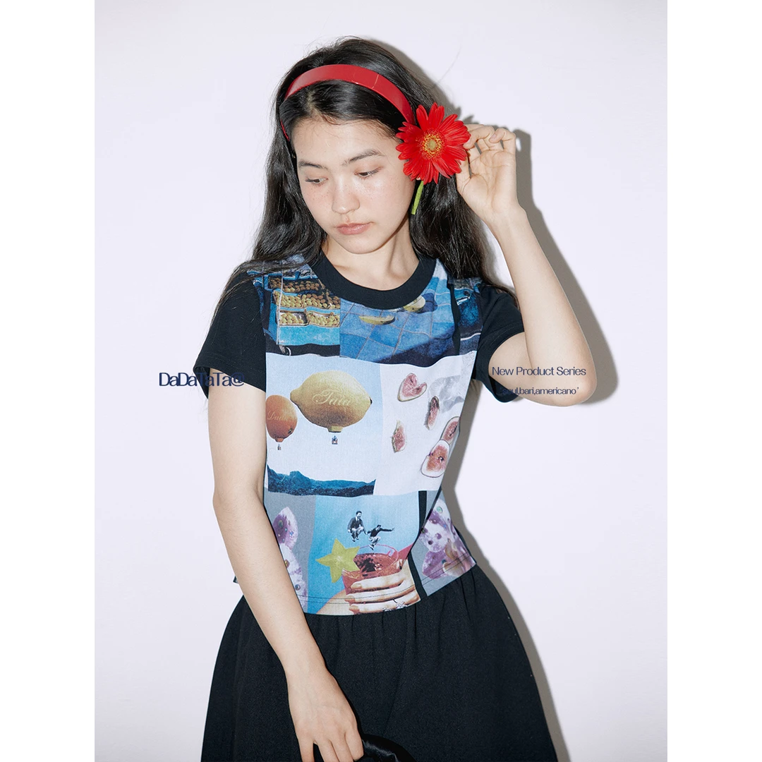 DADATATA晶咕白标【浪漫世界】水果卡通印花短袖T恤女夏季欧若风