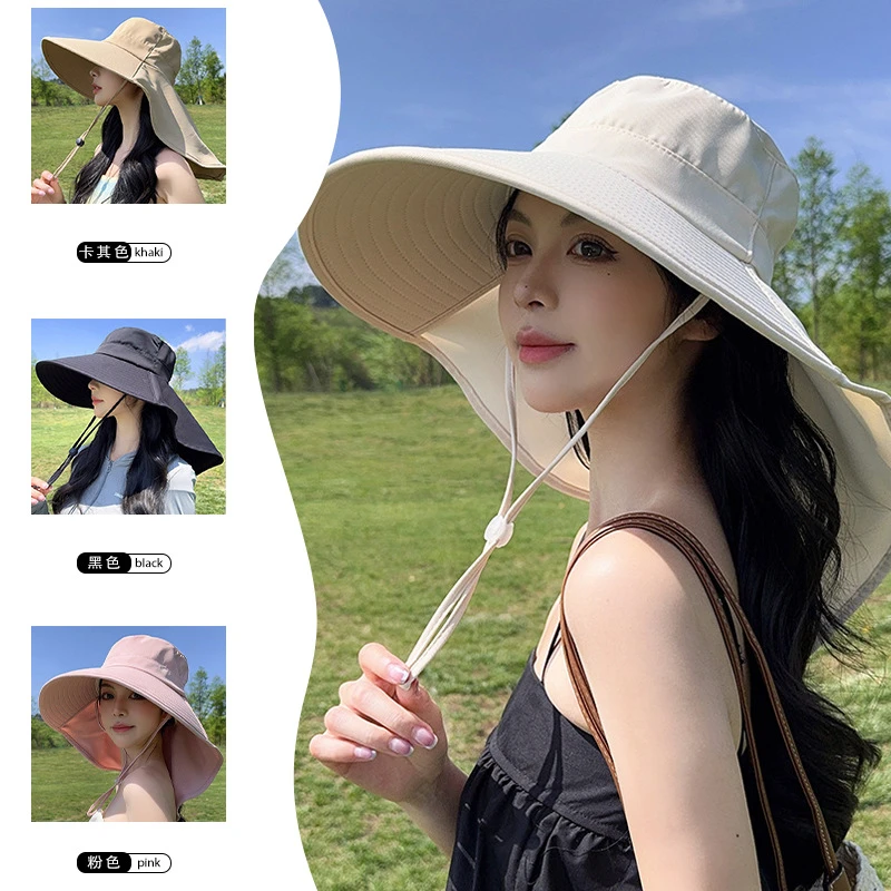 夏季户外防晒太阳帽带马尾孔帽子女韩版时尚大檐显脸小披肩渔夫帽