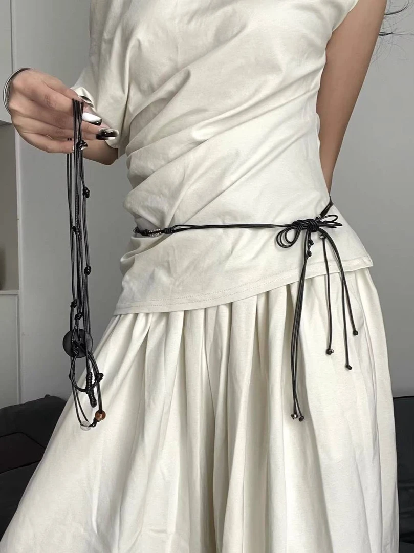 高级感黑色编织流苏腰链女时尚百搭纽扣串珠腰绳日常休闲时髦配饰