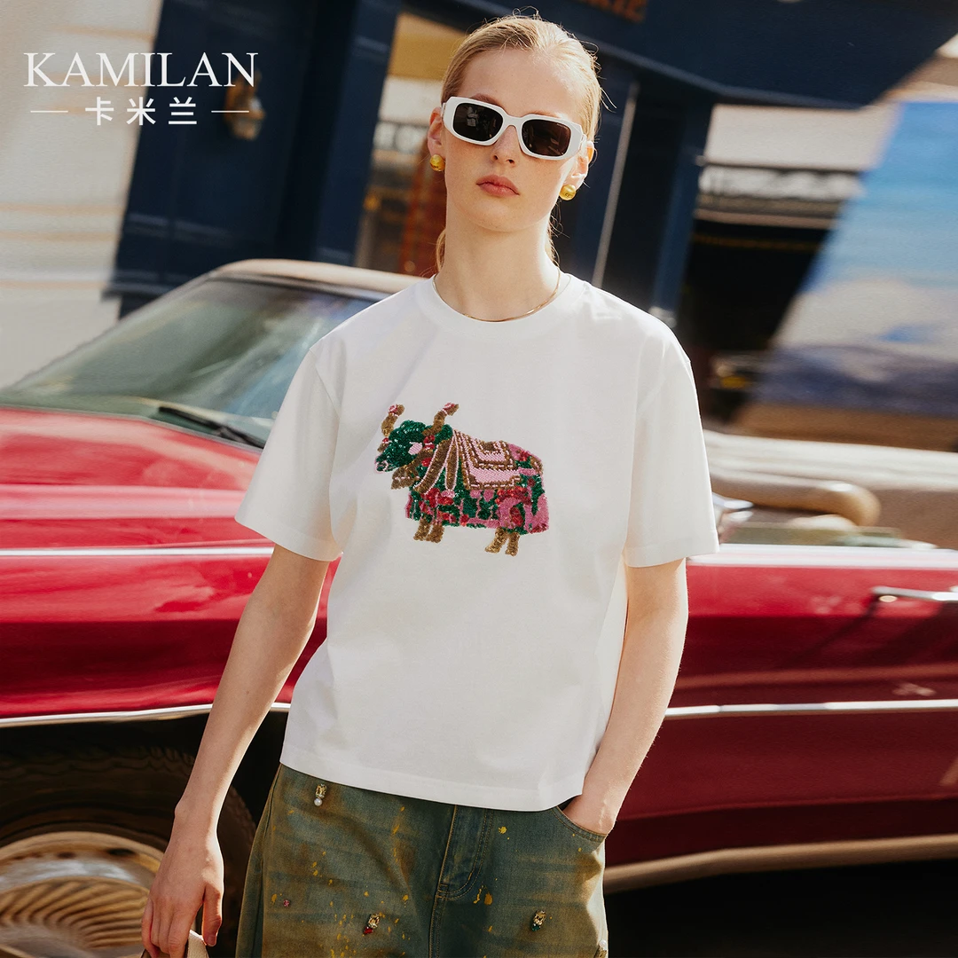 卡米兰法式洋气短袖T恤女2025夏季新款小象钉珠白色T恤上衣内搭