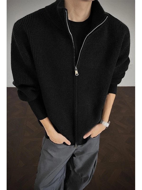 立领拉链毛衣外套男女款早秋季设计感纯色修身美式复古针织衫潮牌