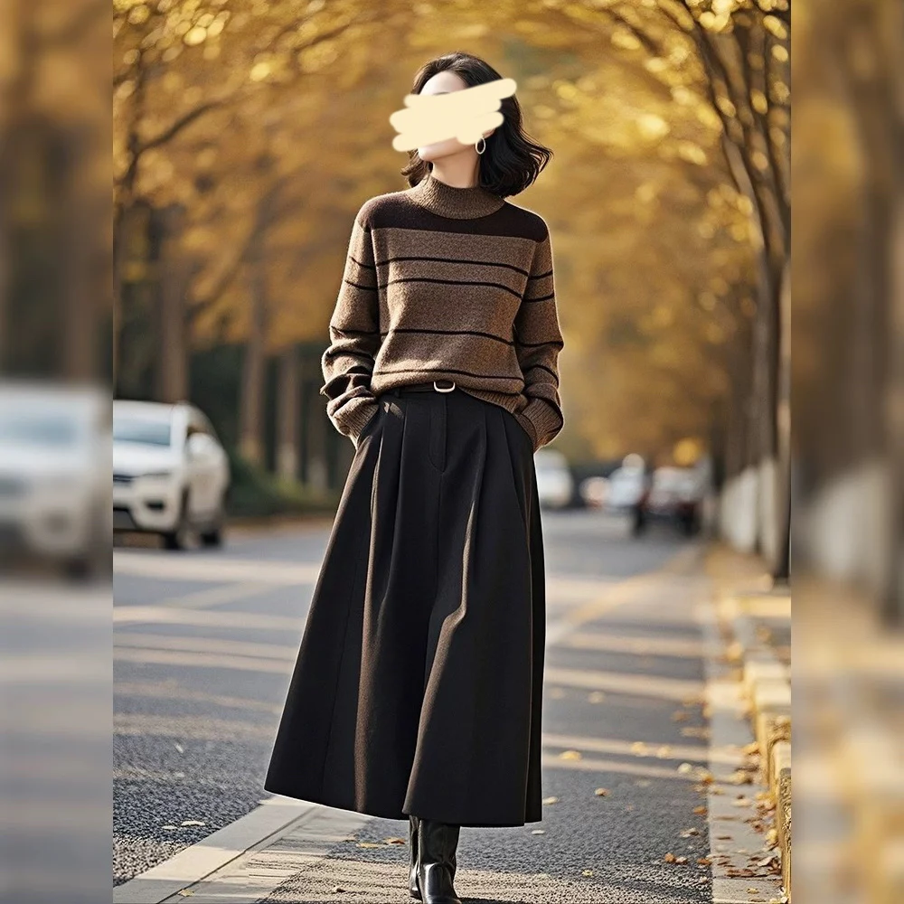 1800 【两件套】港风复古气质毛衣+半身裙套装（含腰带）（J26）显瘦