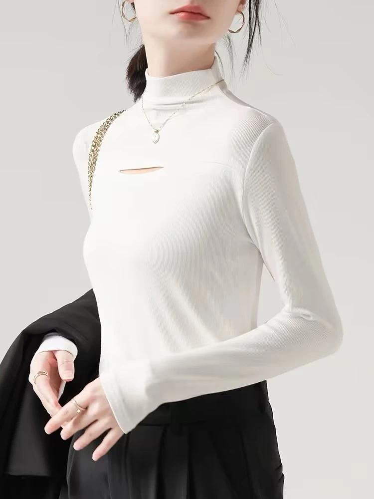 长袖T恤女春季2025年新款镂空修身显瘦半高领内搭洋气打底衫上衣