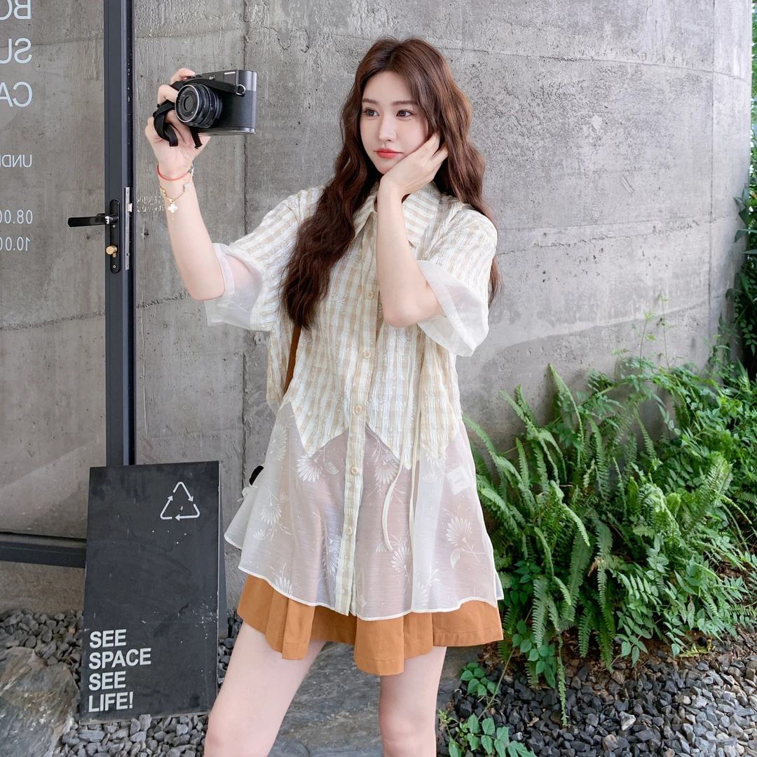 设计感女装夏装套装2025新款爆款韩版网纱拼接格子衬衫裙裤两件套