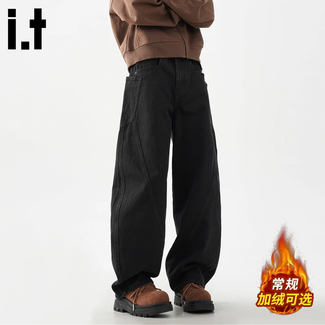 it :CHOCOOLATE冬季加绒加厚弯刀牛仔裤男士新款潮牌阔腿休闲裤