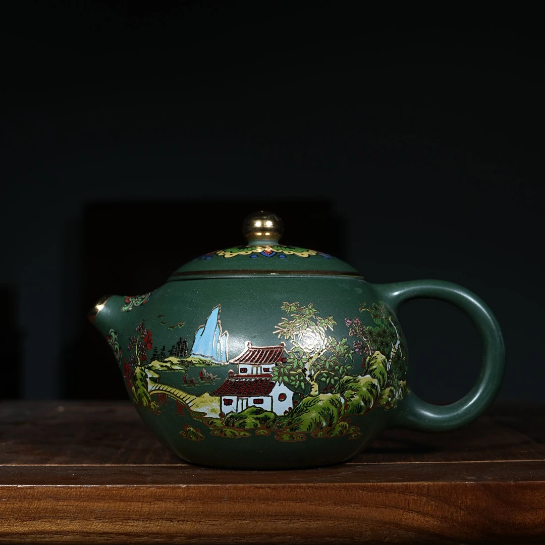 宜兴原矿绿泥描金山水《西施》紫砂手工紫砂壶容量300CC