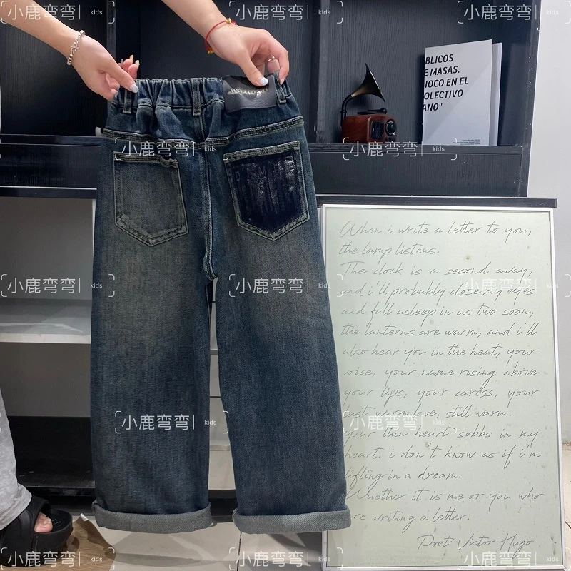 Q99春季儿童新款后袋刺绣牛仔长裤