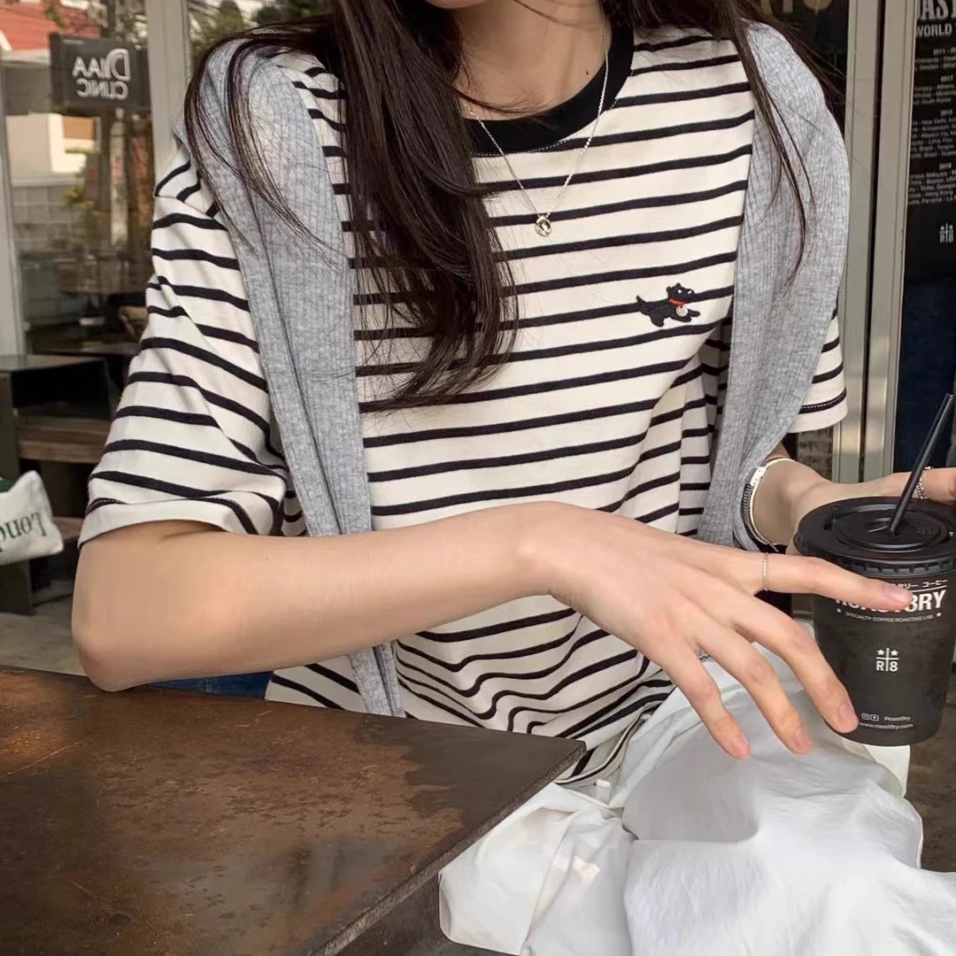 大码韩系条纹短袖T恤女2025春夏新百搭正肩圆领小狗洋气衣服女