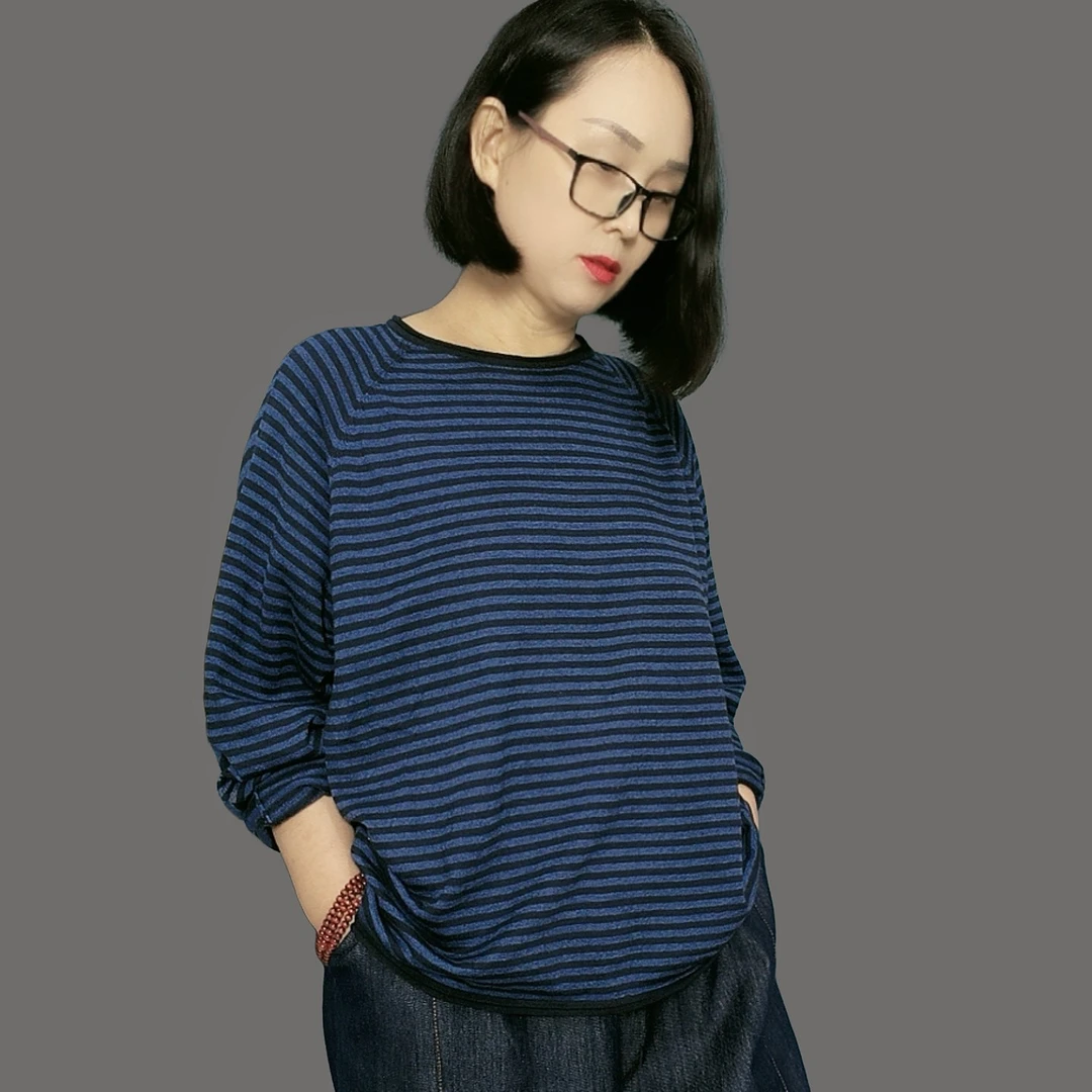 春秋新款条纹拼接宽松休闲针织衫长袖打底毛衣