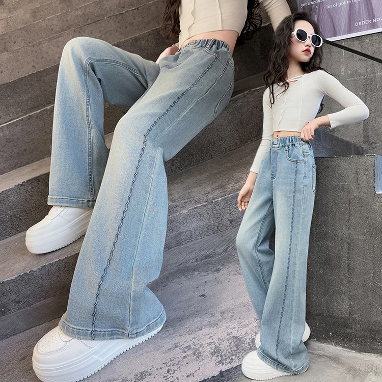 女大童裤子春秋2025新款洋气儿童波浪喇叭裤女童刺绣牛仔裤XFXZ
