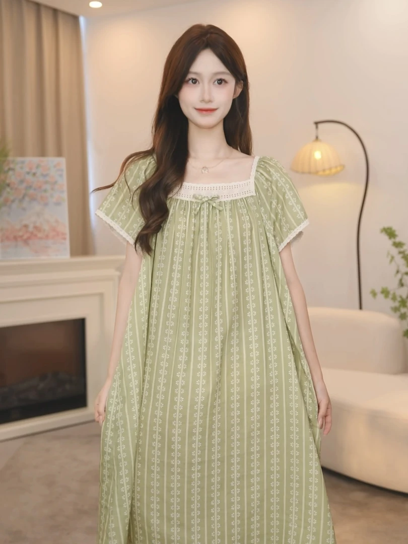 板栗小姐【油画绿野】2025年新款女夏季甜美风高级家居服可外穿睡裙