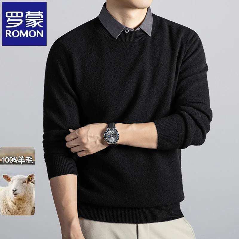 【100%绵羊毛】罗蒙商务绅士假两件韩版羊毛衫秋冬季简约针织毛衣男