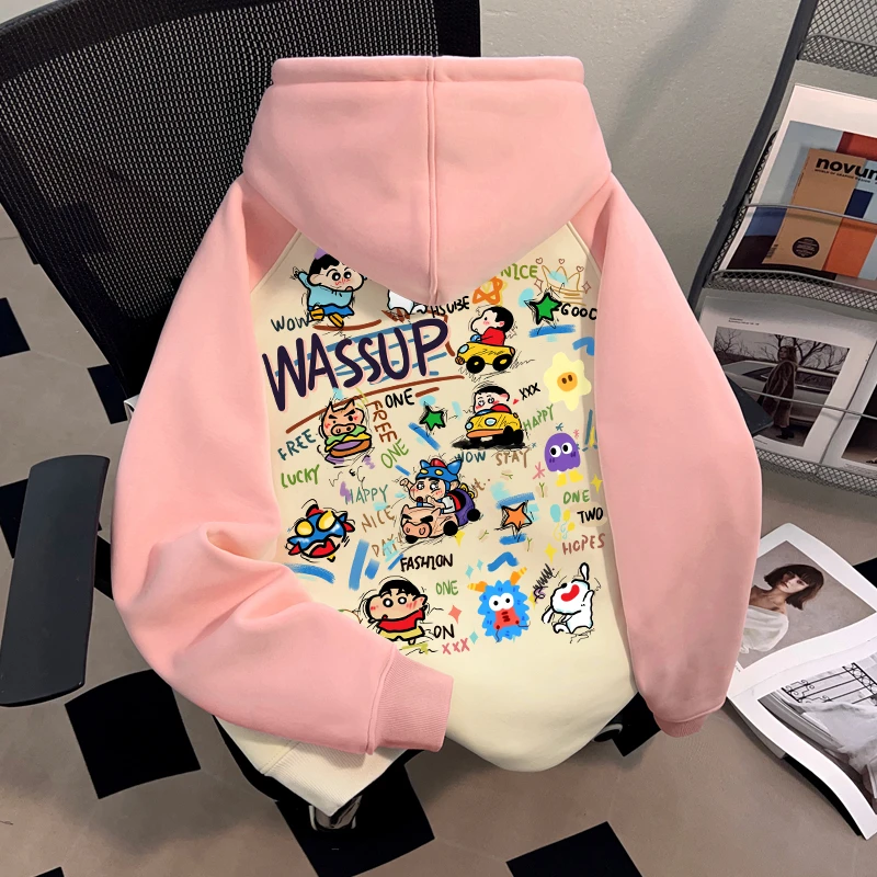 WASSUP HSUBE蜡笔小新潮牌ins高街卡通印花连帽卫衣秋冬百搭上衣