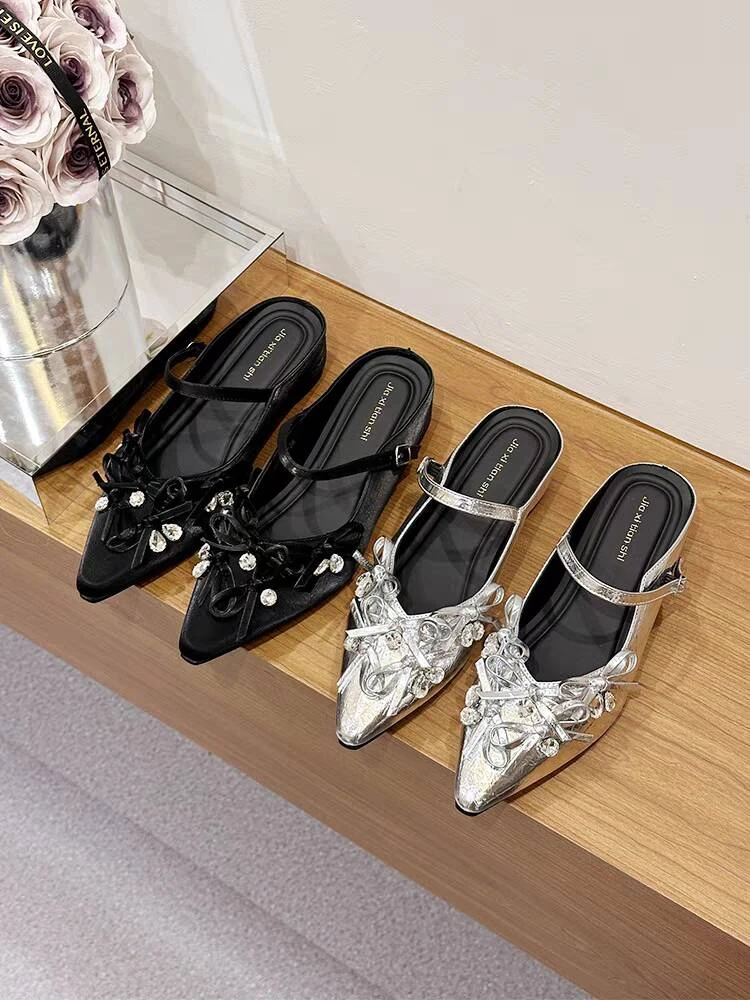 法式内增高尖头包拖鞋女鞋子夏季2025新款蝴蝶结水钻外穿百搭单鞋