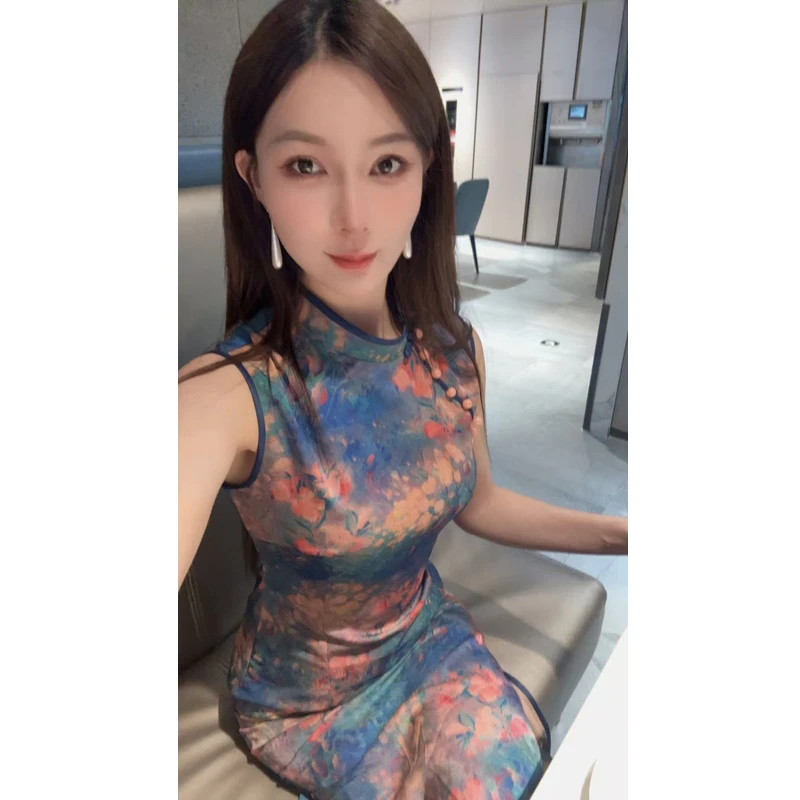 蓝色花海|新中式无袖港风旗袍长款收腰显瘦日常可穿S-3XL