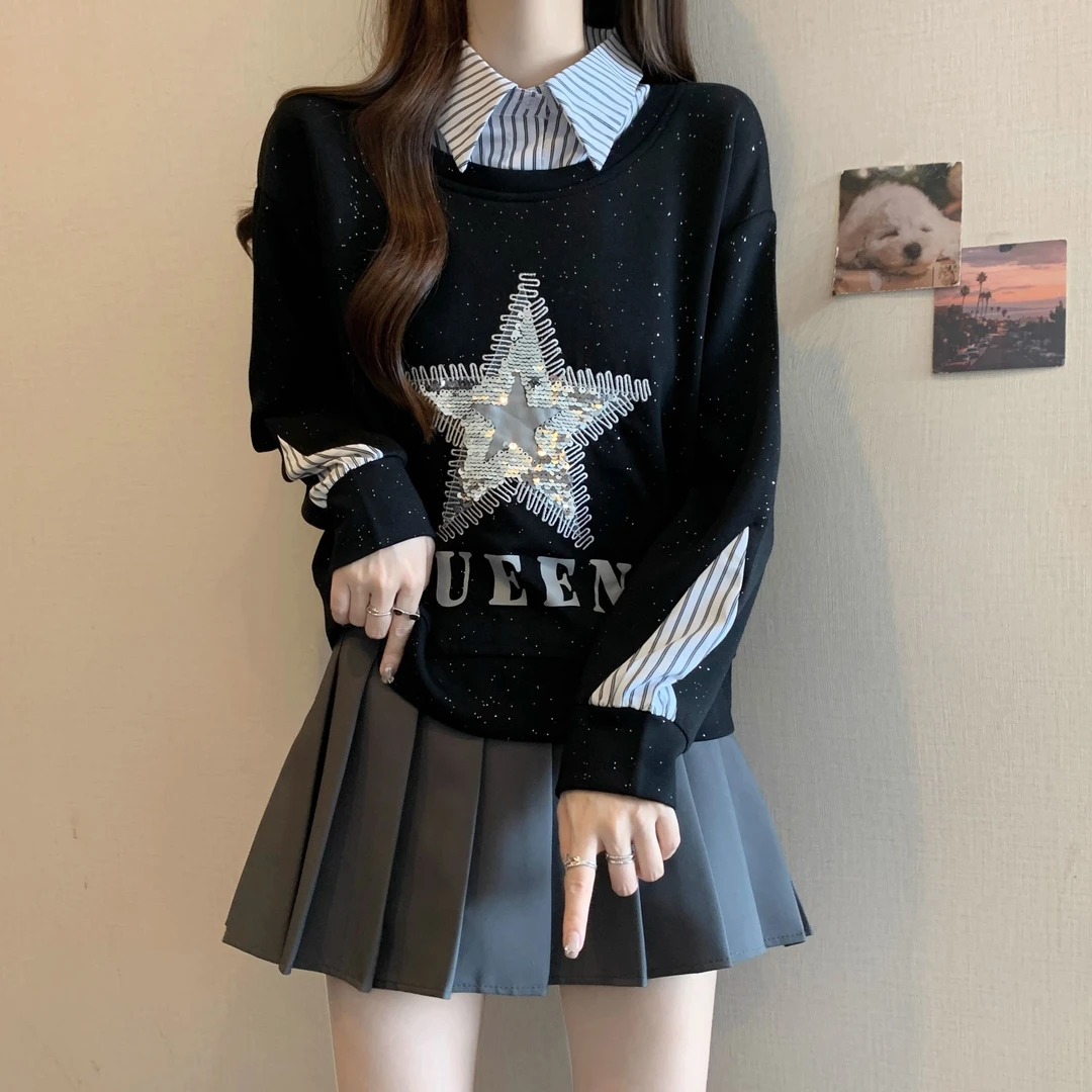 条纹衬衫拼接假两件卫衣女款2025春秋大码胖mm设计