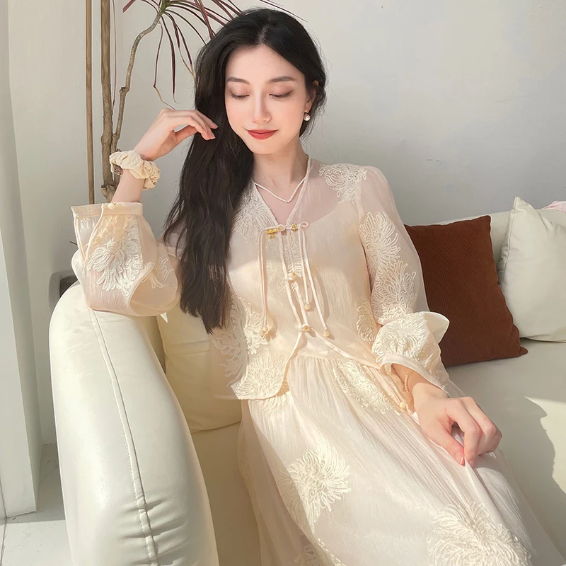 今年流行漂亮两件套夏季新中式轻国风绣花连衣裙子披肩套装