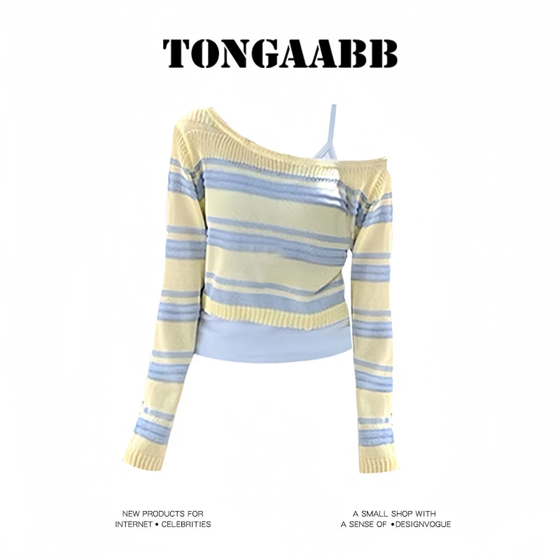 TONGAABB韩系条纹镂空短款针织防晒罩衫女早秋配吊带外搭露肩上衣