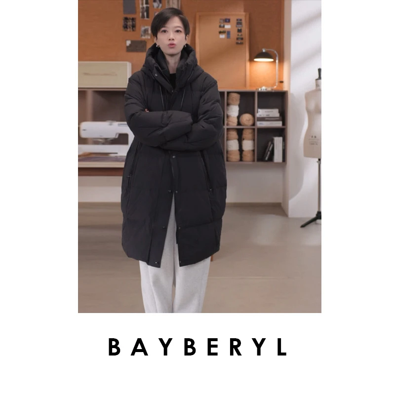 BAYBERYL老贝梅洛酒红*零压保暖中长连帽羽绒服9YRF5J2345