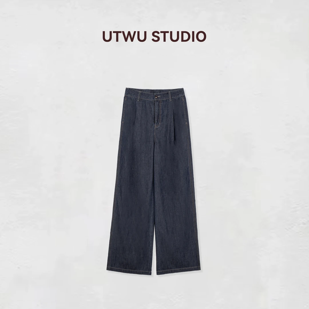 UTWU小敏「原色蓝牛」意大利进口高支棉亚麻显瘦阔腿牛仔裤S25N1014