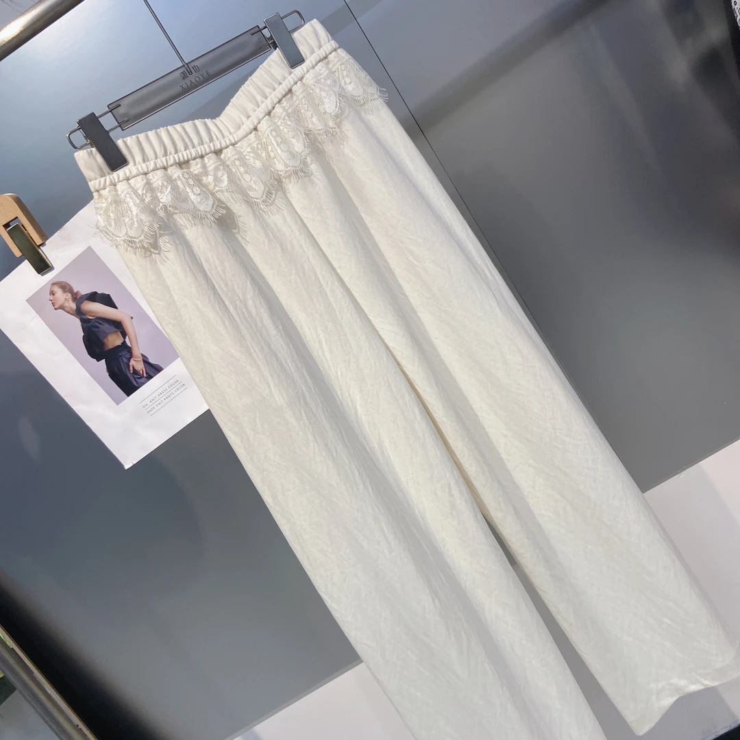 潇也甄选-蕾丝松紧腰设计纯色大码女装夏季显瘦百搭阔腿直筒长裤