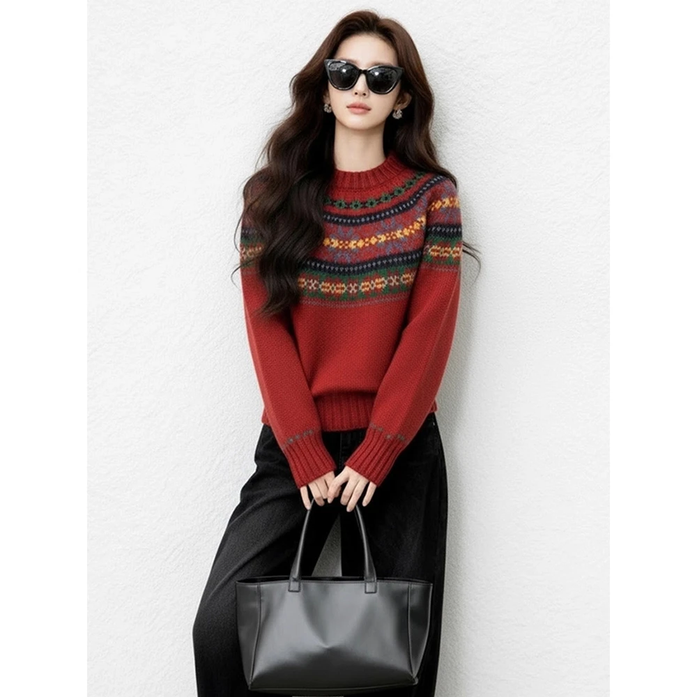 2025冬季新款韩系氛围感绝美百搭圣诞费尔岛气质红色毛衣针织衫女