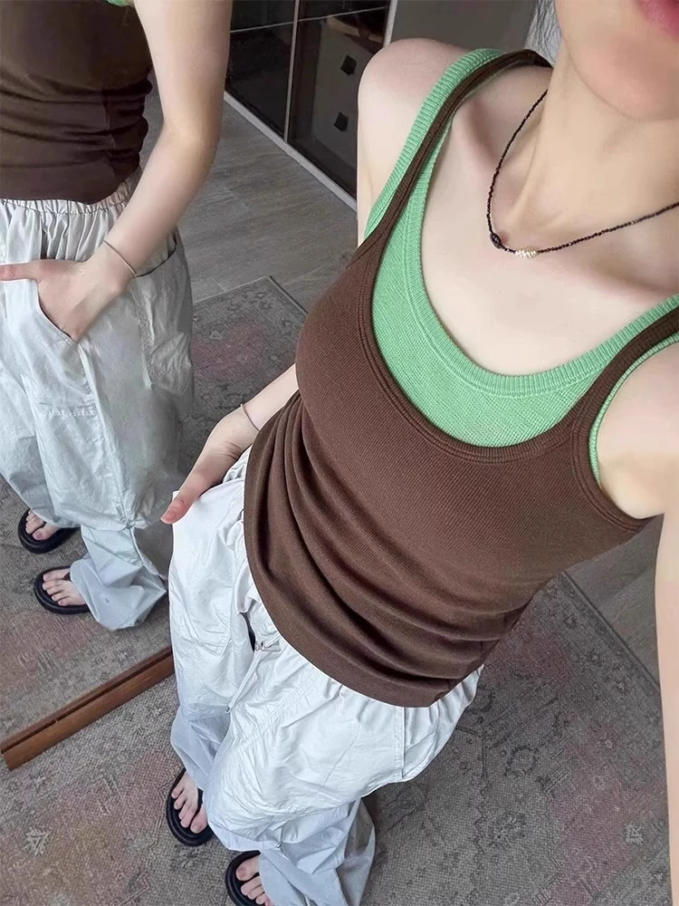 韩系撞色两件套螺纹吊带背心女夏外穿遮副乳修身叠穿内搭无袖上衣