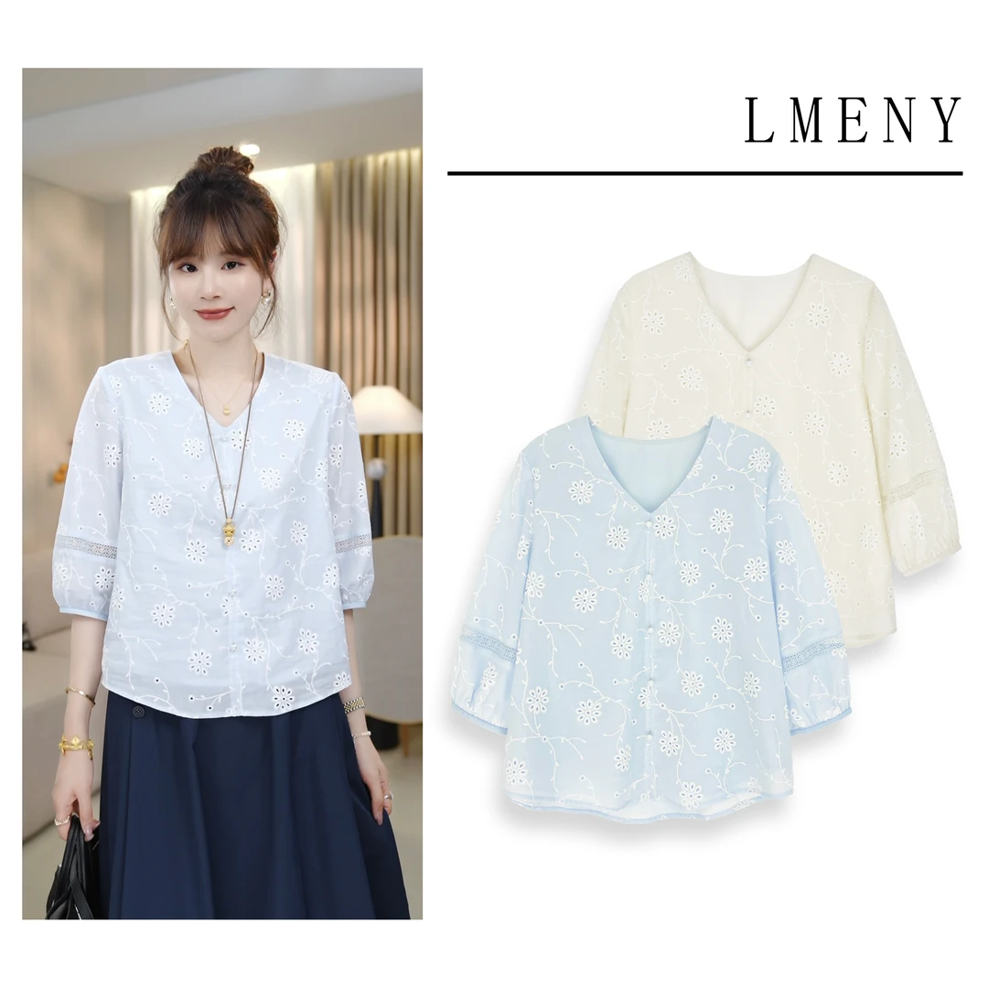LMENY茉莉花香~夏日发泡印花袖子拼接蕾丝V领小衫25BC008