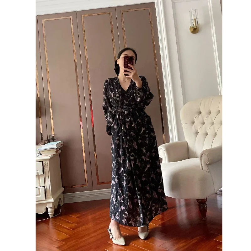 【若衣】春暖花开·V领抽绳气质碎花长连衣裙250080