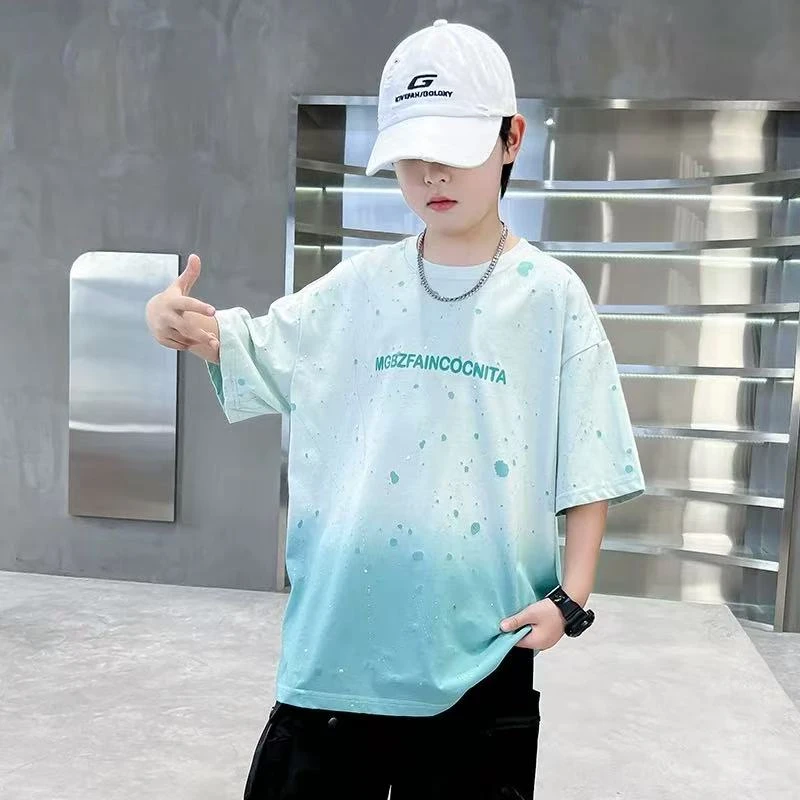 新款儿童夏装薄款美式潮牌斑点运动男童透气短袖t恤宽松童半袖T