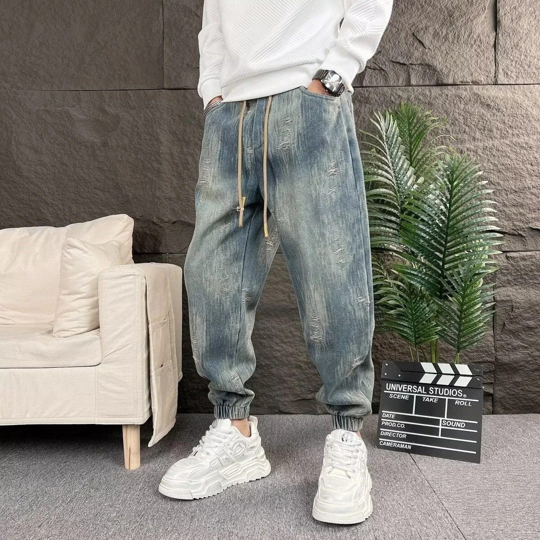 潮牌痞帅男款束脚牛仔裤长裤宽松束脚哈伦裤时尚百搭运动裤休闲裤