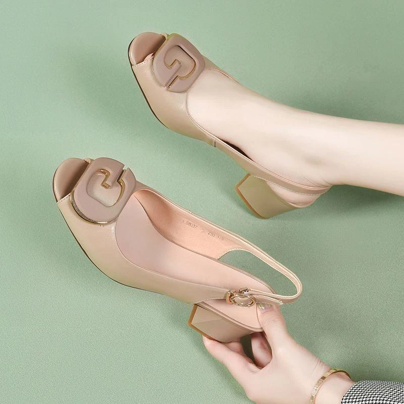 真皮粗跟凉鞋女款2025夏季新款外穿百搭防滑舒适高跟鱼嘴鞋