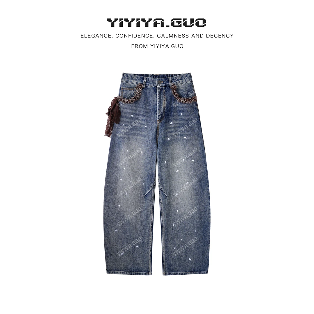 艺艺吖【克拉恋人】休闲拼接蕾丝做旧牛仔裤子090045SS52