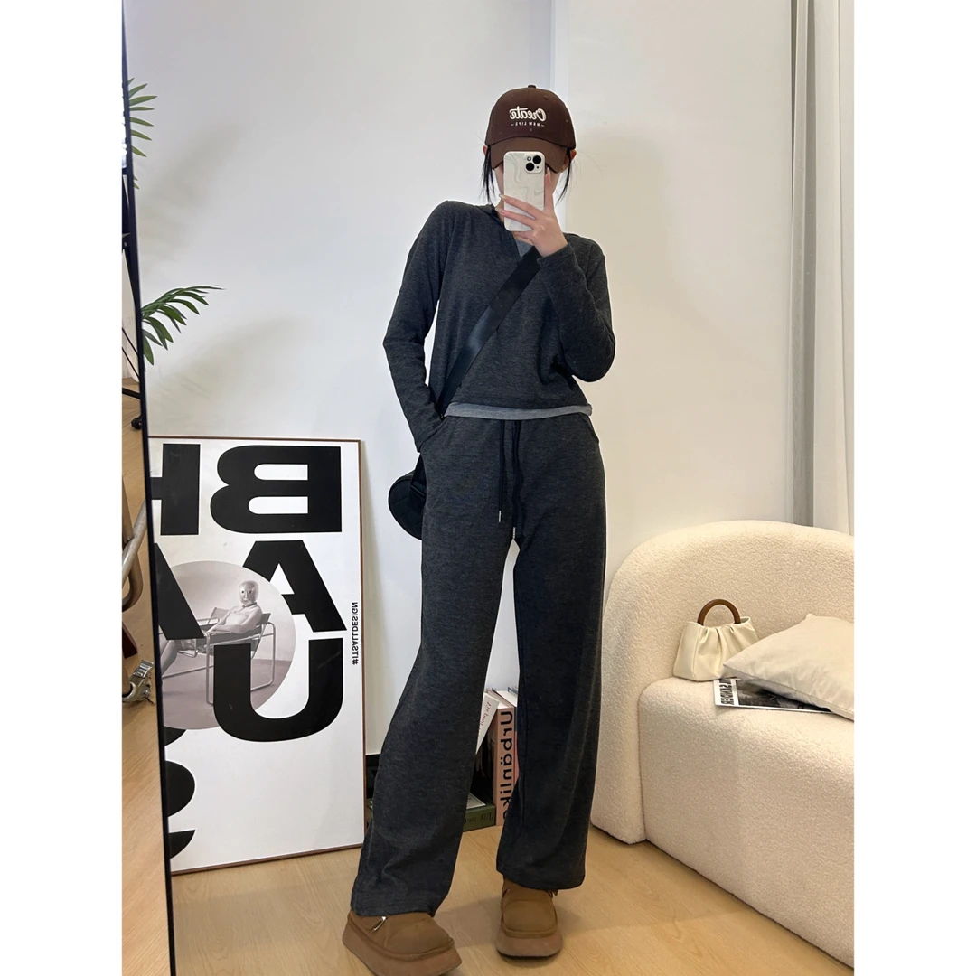 【BINLIN】春秋款显瘦休闲连帽假两件+外穿百搭软糯亲肤糯米裤1255