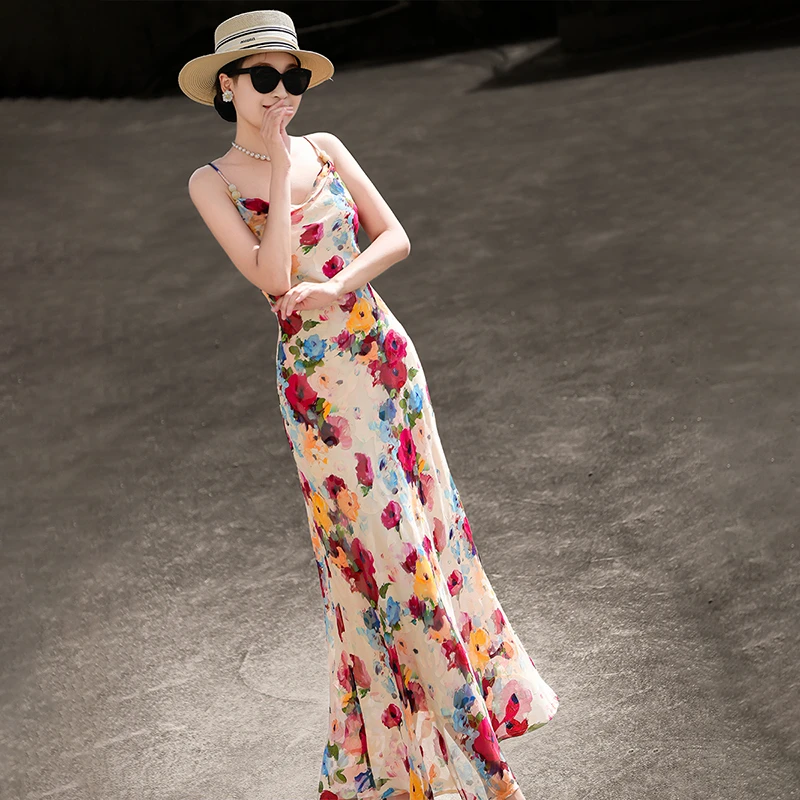 兰瑟儿夏季裙子气质修身显瘦印花吊带连衣裙165XL2395