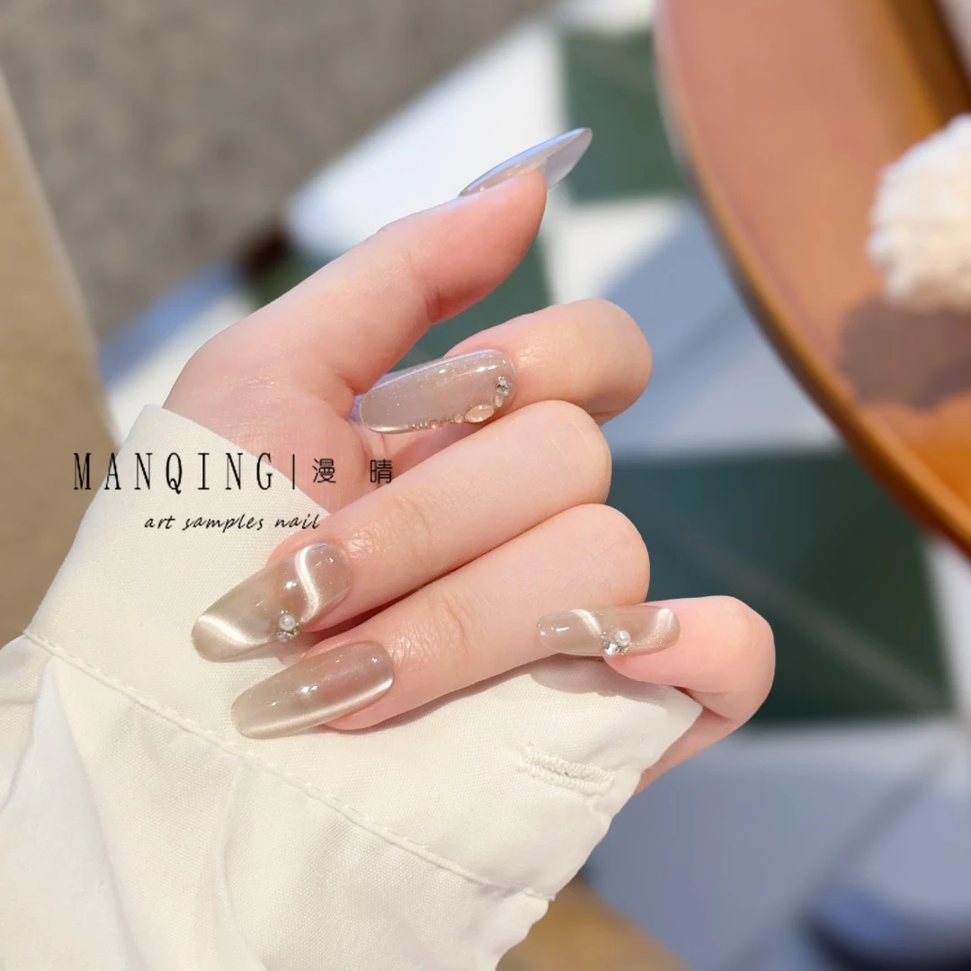 【银色飘带35】丝绸猫眼款带钻做包边轻奢高颜值百搭纯手工穿戴甲