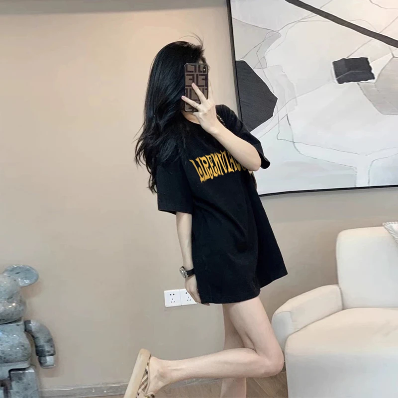 网红洋气炸街黑色短袖t恤女款爆款2025新款宽松慵懒风洋气上衣装