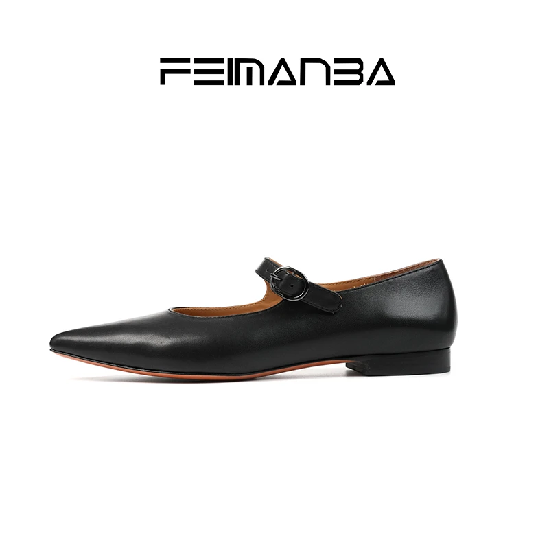 FEIMANBA2025年新款尖头玛丽珍带跟小牛皮女士鞋子