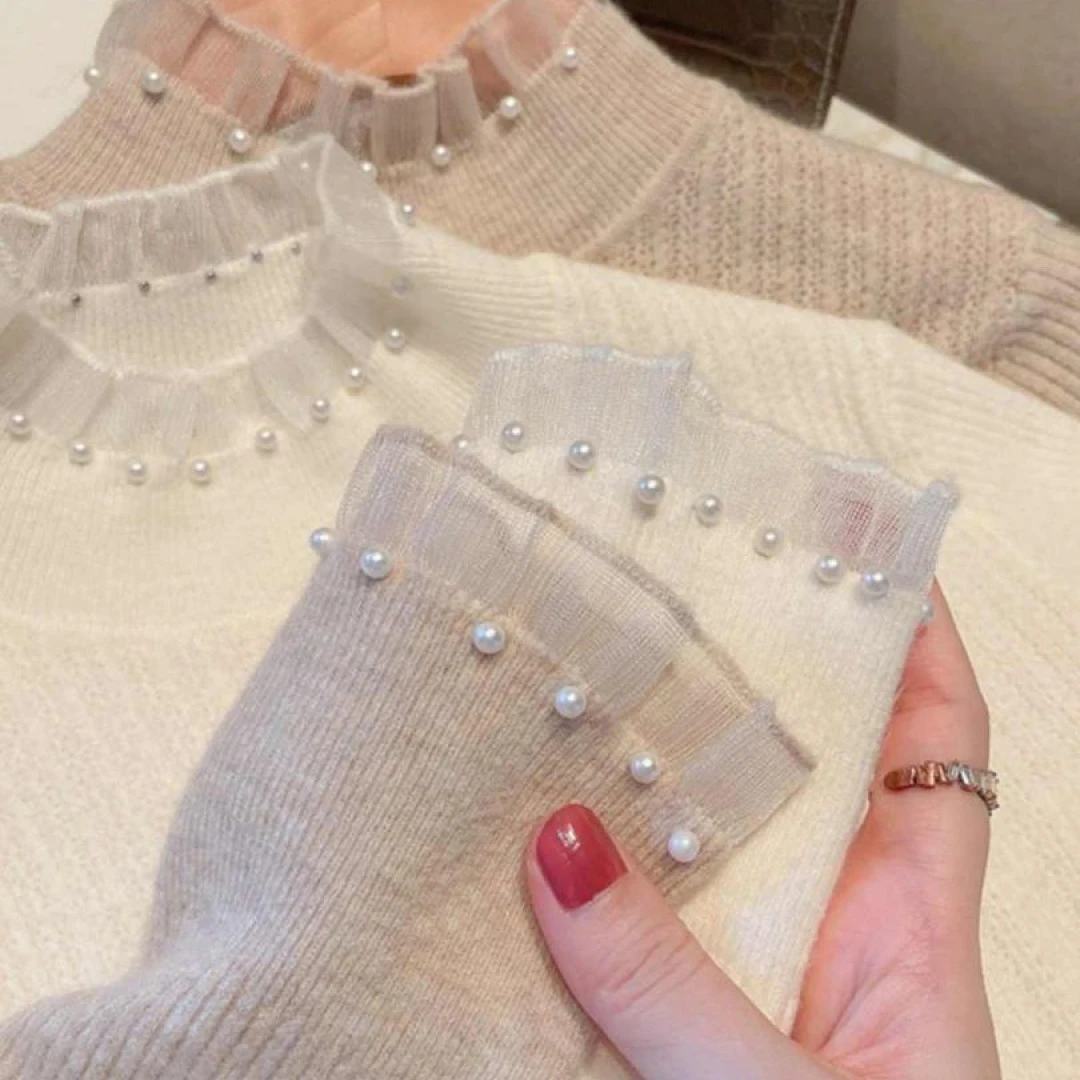 小香风半高领长袖内搭打底衫女装珍珠毛衣2025秋冬蕾丝