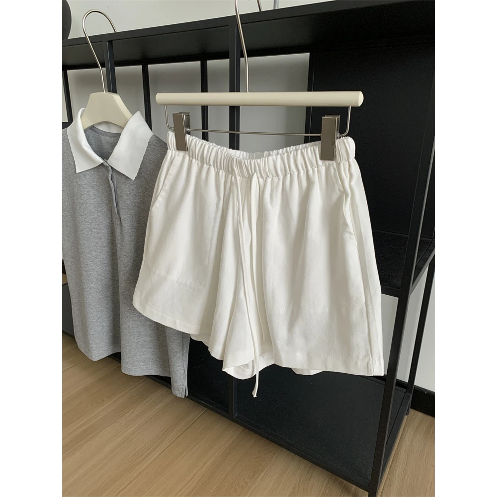 真心舒服！巨推荐！白色抽绳短裤女简约韩版A字高腰慵懒风阔腿裤子